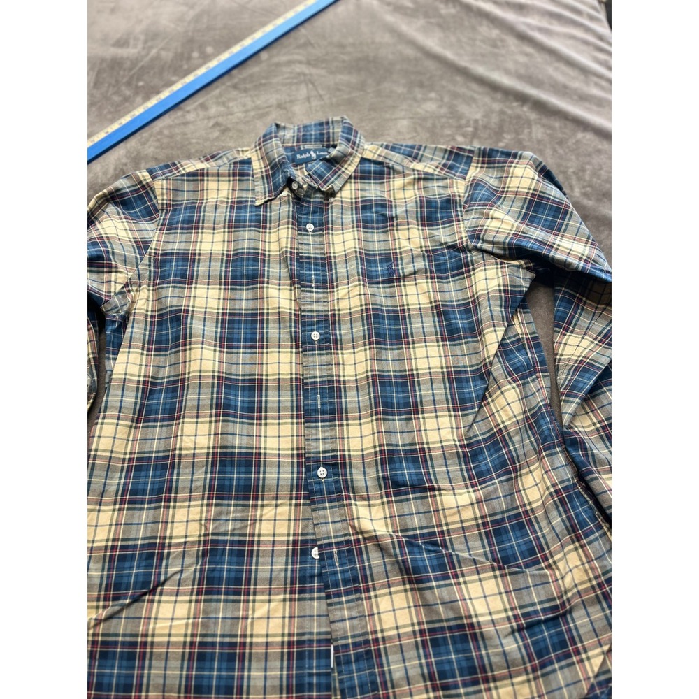Ralph Lauren Classic Fit Plaid Button Down Shirt Mens Large Blue Tan Long Sleeve